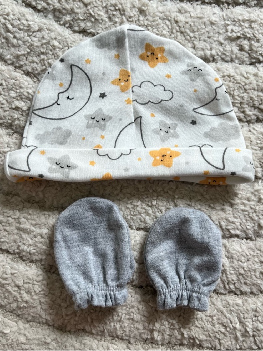 Baby Beanie and Mittens Set - Moon & Stars Print